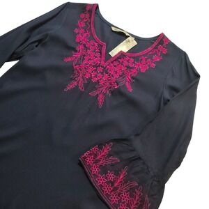 Ayurvastram Women Navy Embroidered Bell Sleeve Pesant Tunic Top Boho Chic Size S